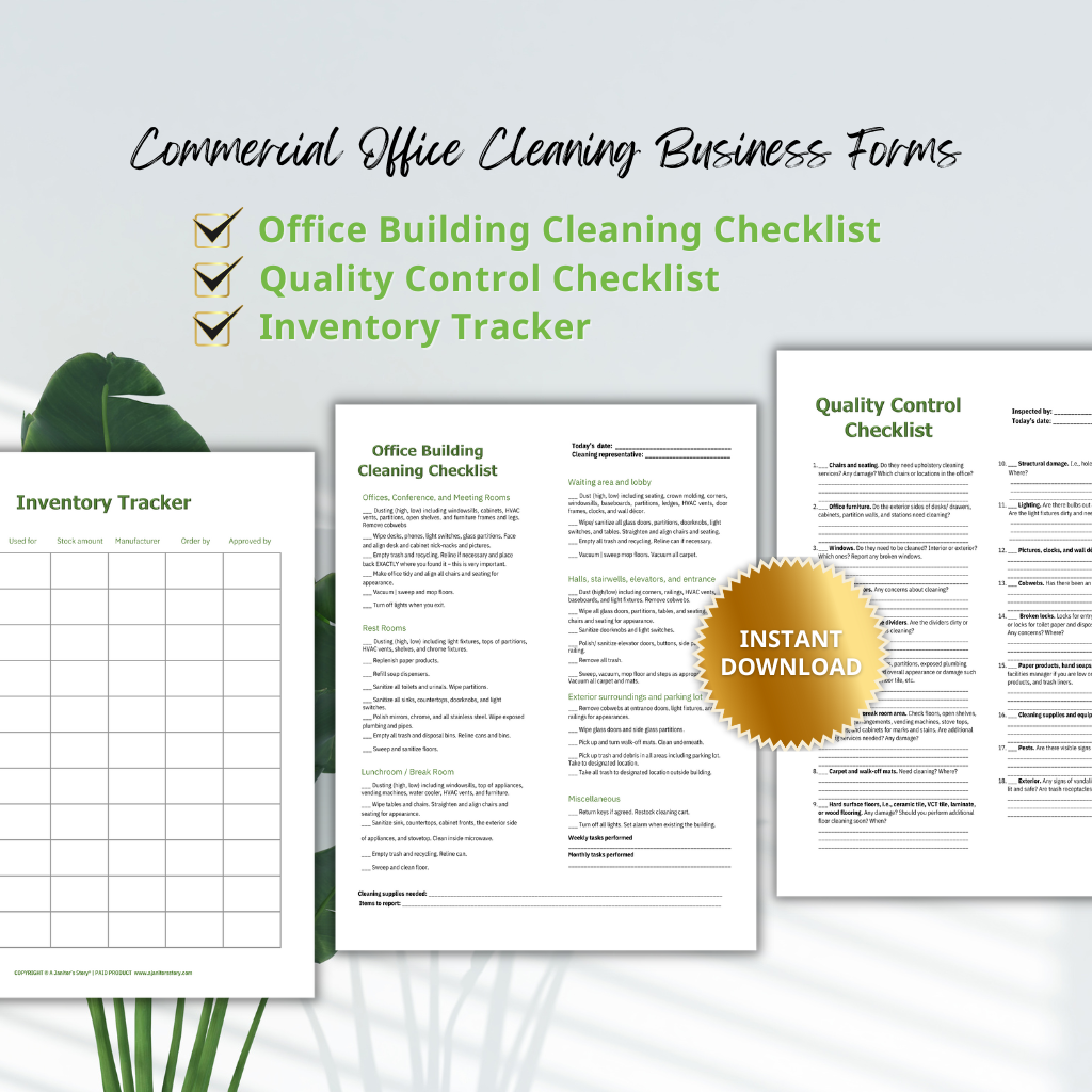 Professional Office Building Cleaning Checklist, Quality Control Checklist, and Inventory Tracker
